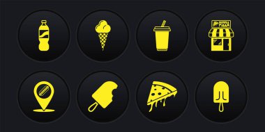 Sosisli sandviç, Pizzeria bina cephesi, dondurma, pizza dilimi, cam su, waffle konisi ve şişe ikonu ile yer belirleyin. Vektör