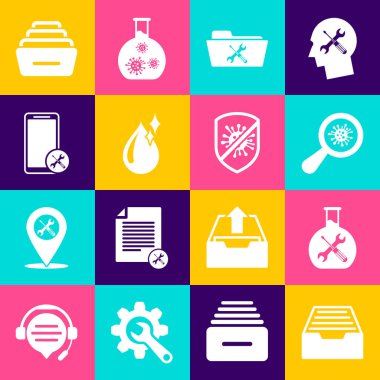Çekmeceyi doküman, biyomühendislik hizmeti, mikroorganizmaları büyüteç, dizin, temiz su damlası, mobil ve Stop virüsü, bakteri simgesi altında ayarla. Vektör