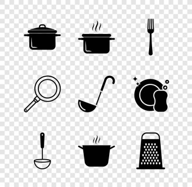 Tencere, çatal, mutfak kepçesi, ızgara, tava ve ikon hazırla. Vektör