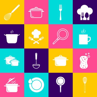 Mutfak çırpıcı, köpüklü sünger, kahve fincanı, çatal, çatal, şapka, tencere ve tava ikonu hazırlayın. Vektör