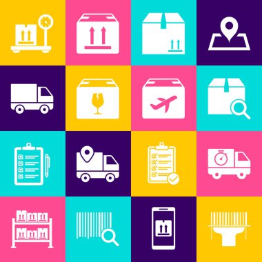 Tarayıcı tarama barkodunu, teslimat kamyonunu ve kronometreyi, arama paketini, trafik, kırılgan içerik, kargo aracı, karton karton ve uçak simgesini içeren karton kutuyu ayarla. Vektör
