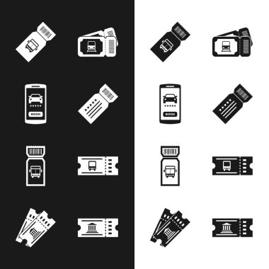 Set Bilet, Çevrimiçi araba paylaşımı, otobüs bileti, tren, müze ve ikon. Vektör