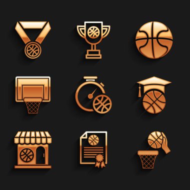 Stopwatch 'ı basketbol topu, sertifika ödülü, basketbol ve antrenman, spor salonu, sedye ve madalya ikonu ile ayarla. Vektör