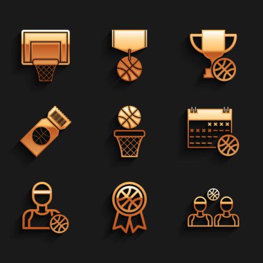 Basketbol topu ve basket, ödül, oyuncular, spor takvimi, maç bileti, basketbol ve sepet ikonlu ödül kupası. Vektör
