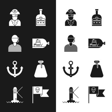 İçinde gemi olan bir şişe ayarlayın. Denizci kaptanı, Korsan, Alkol içeceği şişesi, dayanak noktası, çuval, bayrak kafatası ve deniz feneri ikonu. Vektör