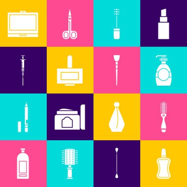 Tırnak cilası şişesi, saç fırçası, bir şişe sıvı sabun, Mascara, şırınga, ayna ve ikon ile makyaj tozu. Vektör