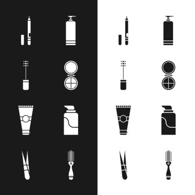 Makyaj tozunu ayna, maskara fırçası, göz kalemi, kaş, krem kozmetik tüp, losyon, saç fırçası ve kaş cımbızı ikonu ile ayarla. Vektör