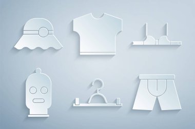 Askı gardırobu, sutyen, kar maskesi, erkek iç çamaşırı, tişört ve zarif kadın şapkası ikonu. Vektör