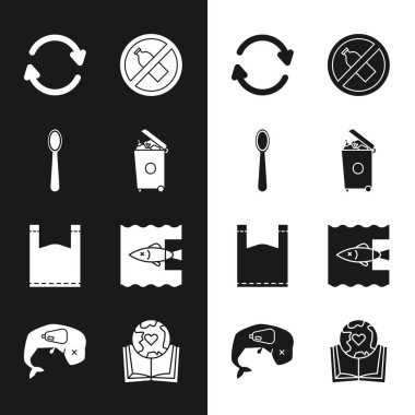 Set Trash can, Disposable plastic spoon, Refresh, No bottle, Plastic bag, Stop ocean pollution, Earth globe and book and Environment protection whale dead icon. Vector