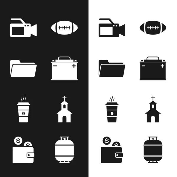 Set Car battery, Folder, Cinema camera, American Football ball, Coffee cup and Church building icon. Vector — 스톡 벡터