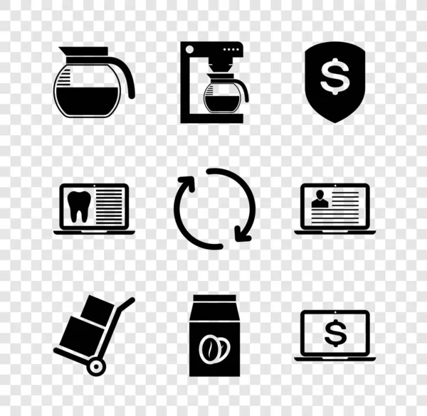 Set Koffie pot, machine met, Schild en dollar, Hand truck dozen, bonen zak en Laptop pictogram. Vector — Stockvector