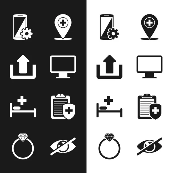 Set Computer monitor screen, Upload, Setting smartphone, Medical location with cross, Hospital bed and Clipboard medical insurance icon. Vector — Wektor stockowy