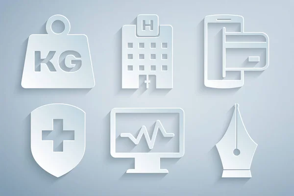 Set monitor con cardiogramma, pagamento NFC, croce scudo medico, pennino stilografica, edificio ospedaliero e icona di peso. Vettore — Vettoriale Stock