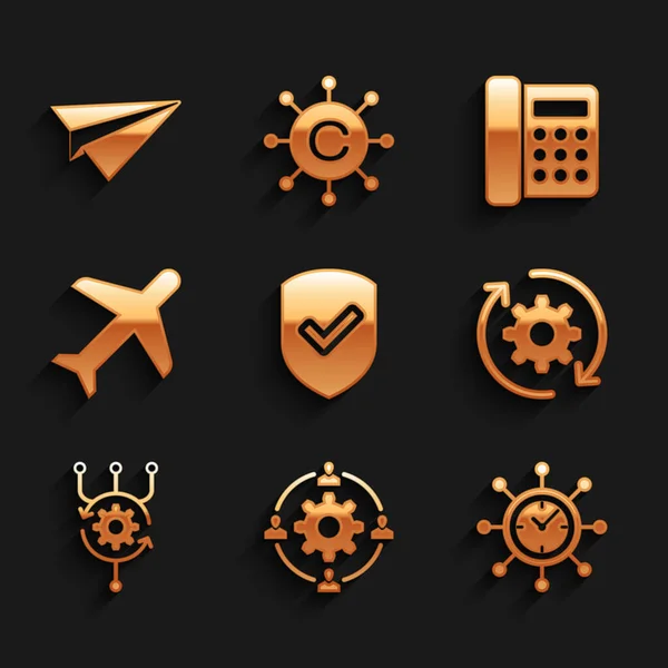 Set Shield with check mark, Outsourcing concept, Clock and gear, Gear arrows as workflow, Algorithm and Plane icon. Vector — ストックベクタ