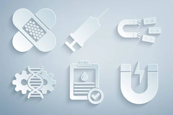 Set Clipboard with blood test, Magnet money, Gene editing, lightning, Syringe and Crossed bandage plaster icon. Vector — Wektor stockowy