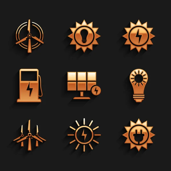 Set Solar energy panel, Wind turbines, Electric car charging station, and Rotating wind icon. Vector — Wektor stockowy