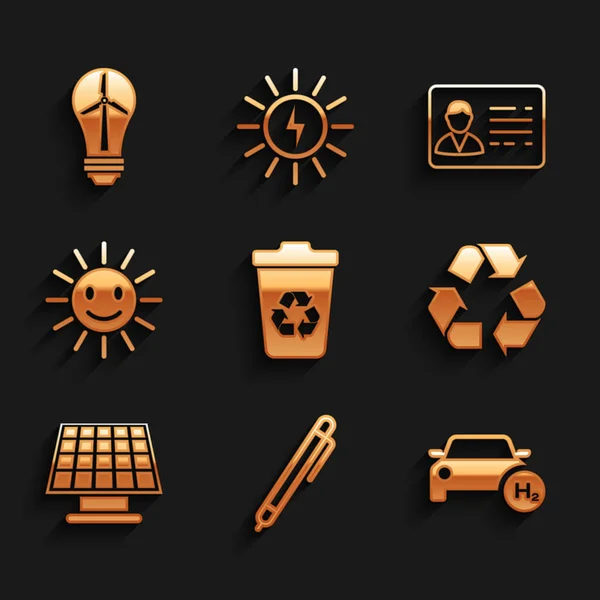 Set Recycle bin with recycle, Pen, Hydrogen car, symbol, Solar energy panel, Cute sun smile, Identification badge and Light bulb wind turbine icon. Vector — Wektor stockowy
