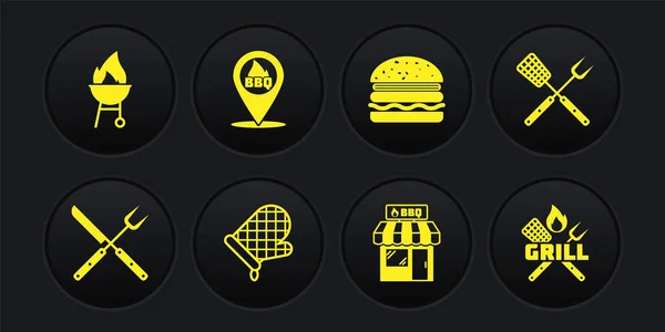 Set Crossed fork and knife, spatula, Oven glove, Barbecue shopping building, Burger, Location with barbecue, and grill icon. Vector — 图库矢量图片