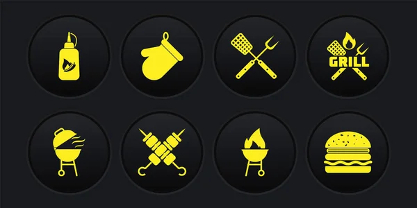 Set Barbecue grill, Crossed fork and spatula, Grilled shish kebab, Oven glove, Burger and Ketchup bottle icon. Vector — 图库矢量图片