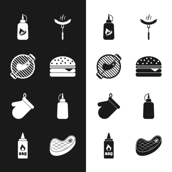 Set Burger, Barbecue grill with steak, Ketchup bottle, Sausage on the fork, Oven glove, Mustard, Steak meat and icon. Vector — Stockvektor