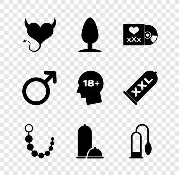 Set Devil heart with horns, Anal plug, Disc inscription Sex, beads, Condoms safe sex, Penis pump, Male gender symbol and Head 18 plus icon. Vector - Stok Vektor