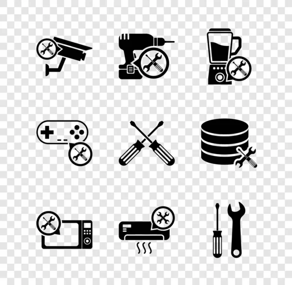 Set Servicio de cámara de seguridad, Taladradora, Batidora, Horno microondas, Acondicionador de aire, Destornillador y llave inglesa, Gamepad y Cruce de destornilladores icono. Vector — Vector de stock