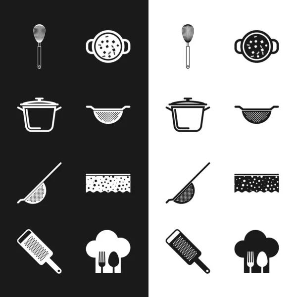 Set Kitchen colander, Cooking pot, whisk, soup, Sponge with bubbles, Chef hat fork spoon and Grater icon. Vector — ストックベクタ