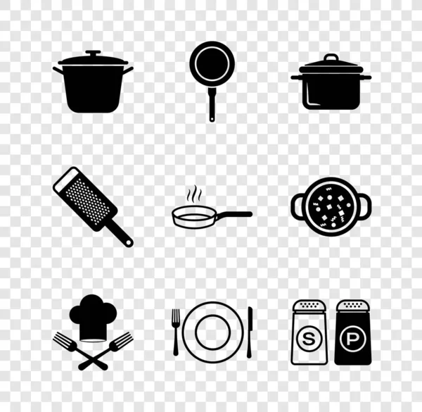 Set olla de cocción, sartén, sombrero de chef y tenedor, placa, cuchillo, sal pimienta, rallador e icono. Vector — Vector de stock