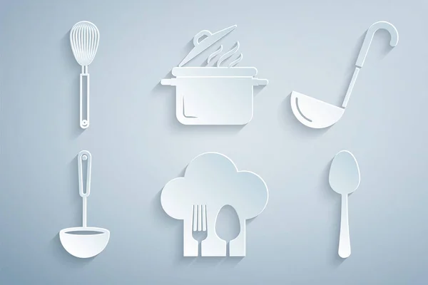 Set Chef hat with fork and spoon, Kitchen ladle, Spoon, Cooking pot and whisk icon. Vector — Wektor stockowy