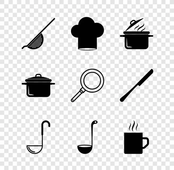 Встановіть кухонну друшляк, капелюх шеф-кухаря, каструлю для приготування їжі, соломинку, чашку кави та значок смаження на сковороді. Векторні — стоковий вектор