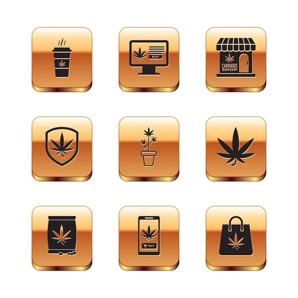 Set Cup koffie met marihuana, marihuana of cannabis zaden, Online kopen, pot planten, Shield en, winkel, Shopping bag en icoon. Vector — Stockvector