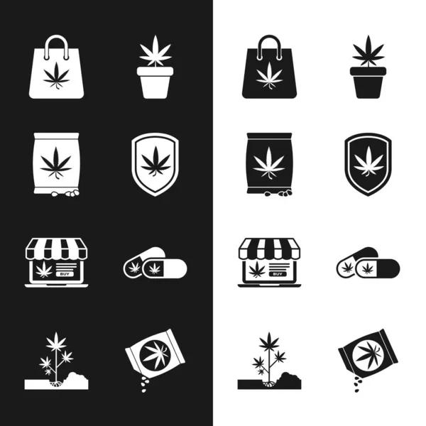 Set Shield ve marihuana, marihuana veya kenevir tohumu, alışveriş torbası, ot, internetten satın alma, tıbbi haplar ve bitki ikonu. Vektör — Stok Vektör