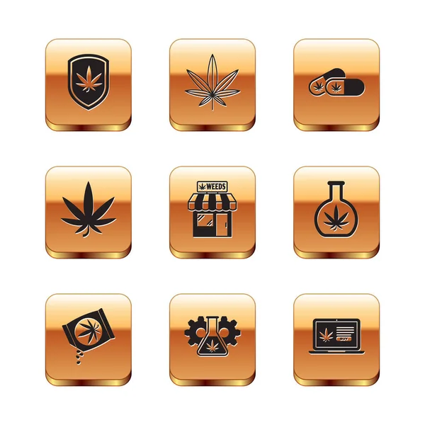 Set Escudo y marihuana, Marihuana o semillas de cannabis, Tubo de ensayo con, tienda, hoja, píldoras médicas, Compra en línea y el icono. Vector — Archivo Imágenes Vectoriales