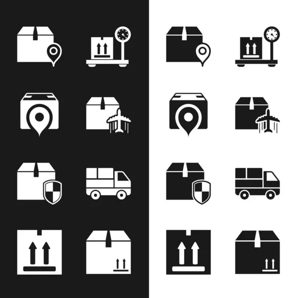 Set Plane and cardboard box, Location with, Scale, Delivery security shield, truck boxes, Cardboard traffic and icon. Vector — Stockový vektor