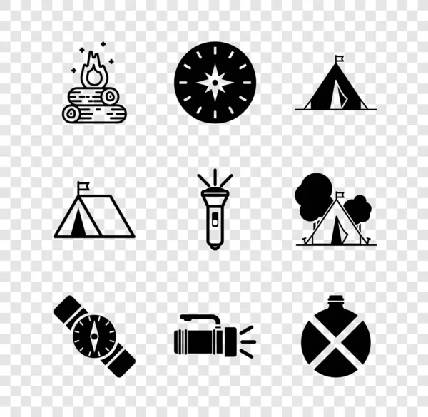 Ορισμός Campfire, Compass, Τουριστική σκηνή με σημαία, φακό, καντίνα μπουκάλι νερό, και εικονίδιο. Διάνυσμα — Διανυσματικό Αρχείο