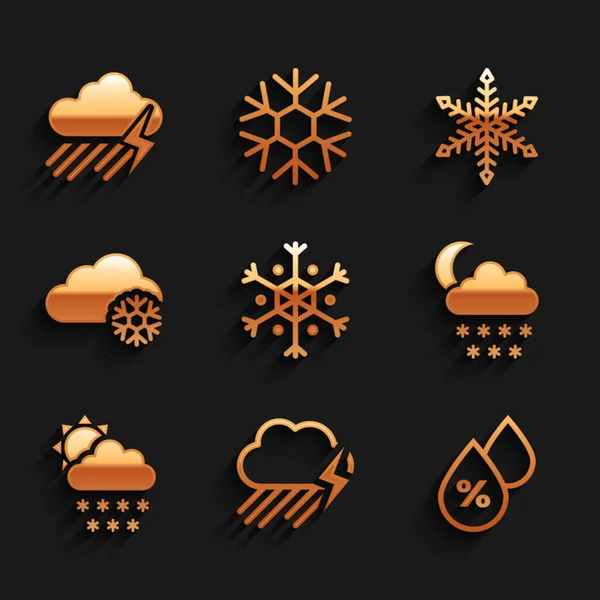 Set Copo de nieve, Nube con lluvia y relámpago, Porcentaje de gota de agua, luna de nieve, sol e icono. Vector — Archivo Imágenes Vectoriales