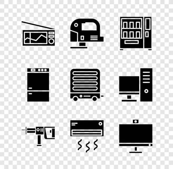 Set Radio, Electric jigsaw, Vending machine, Rotary hammer drill, Air conditioner and Computer monitor icon. Vector — стоковый вектор