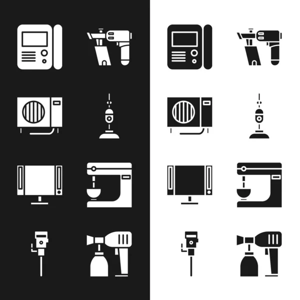 Set Vacuum cleaner, Air conditioner, House intercom system, Nail gun, Smart Tv and Electric mixer icon. Vector — Stockový vektor
