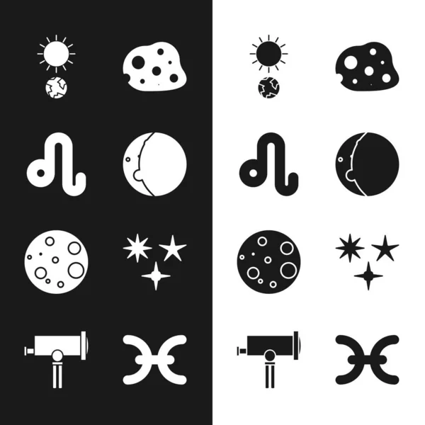 Set Eclipse of the sun, Leo zodiac, Solstice, Asteroid, Moon, Falling star, Pisces and Telescope icon. Vector — Stockvektor