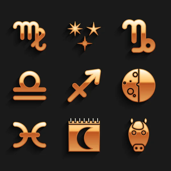 Set Sagitario zodiaco, Fases lunares calendario, Caballo, Eclipse del sol, Piscis, Libra, Capricornio y Virgo icono. Vector — Archivo Imágenes Vectoriales