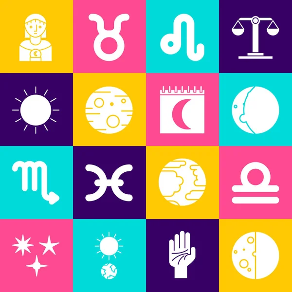 Set Eclipse of the sun, Libra zodiac, Leo, Planet Mars, Sun, Astrology woman and Moon phases calendar icon. Vector — Wektor stockowy