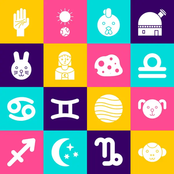 Set Monkey zodiac, Hond, Weegschaal, Haan, Astrologie vrouw, Konijn, Palmistry van de hand en Asteroïde pictogram. Vector — Stockvector