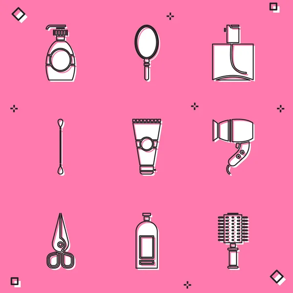 Set Bottle of liquid soap, Hand mirror, Perfume, Cotton swab for ears, Lotion cosmetic tube, Hair dryer, Scissors and shampoo icon. Vector — стоковый вектор