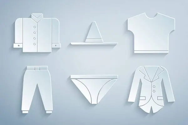 Set Men iç çamaşırı, tişört, spor ceket, spor ceket, bahçıvan şapkası ve ikon. Vektör — Stok Vektör