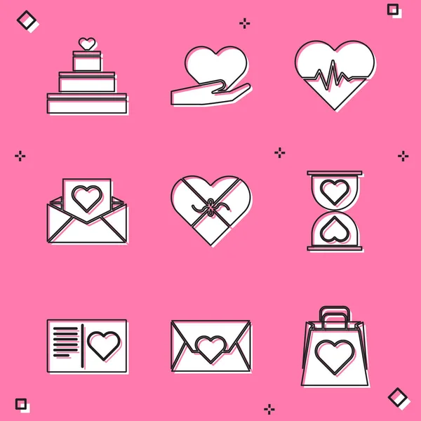 Set Wedding cake with heart, Heart hand, rate, Envelope Valentine, Candy shaped box, the center hourglass, Valentines day flyer and icon. Vector — Stockvektor