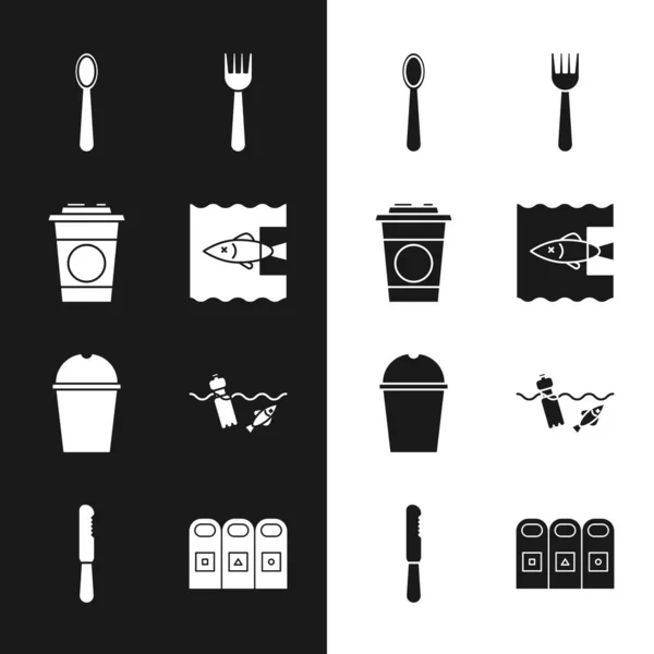 Set Stop ocean plastic pollution, Paper glass, Disposable spoon, fork, water, Problem of the, Trash in garbage cans sorted and knife icon. Vector — стоковый вектор