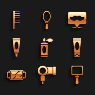 Set Aftershave bottle with atomizer, Hair dryer, Hand mirror, Cream lotion cosmetic tube, Barbershop and Hairbrush icon. Vector