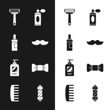 Set Mustache, Beard and mustaches care oil bottle, Shaving razor, Aftershave with atomizer, Bottle of shampoo, Bow tie, Classic Barber shop pole and Hairbrush icon. Vector