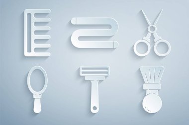 Set Shaving razor, Scissors hairdresser, Hand mirror, brush, Towel and Hairbrush icon. Vector