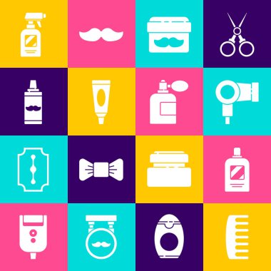 Set Hairbrush, Bottle of shampoo, dryer, Cream or lotion cosmetic jar, tube, Shaving gel foam, Hairdresser pistol spray bottle and Aftershave with atomizer icon. Vector